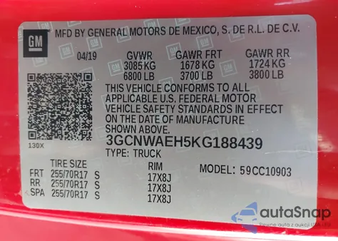 2019 Chevrolet Silverado 1500 Work Truck z USA, uszkodzony, nr VIN 3GCNWAEH5KG188439